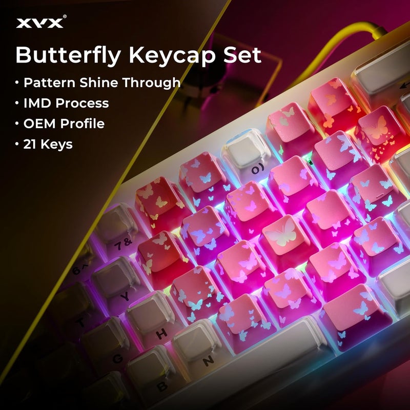 HITIME XVX Butterfly Shine Through Keycaps, Love Theme Cute Custom Keycaps, Blank OEM Profile IMD Translucent Keycap, Anime Style, for MX Switches Mechanical Keyboard, Pink（Only 21 Keys - Image 2